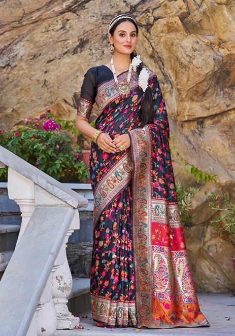 Black Zari Thread Work Cotton Blend Saree Set