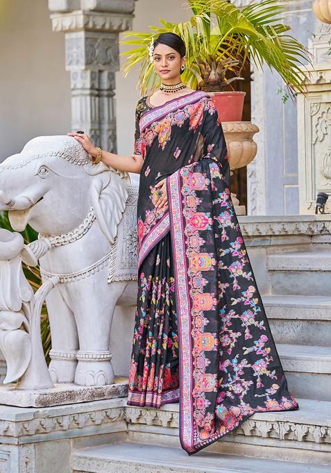 Black Zari Thread Work Cotton Blend Saree Set