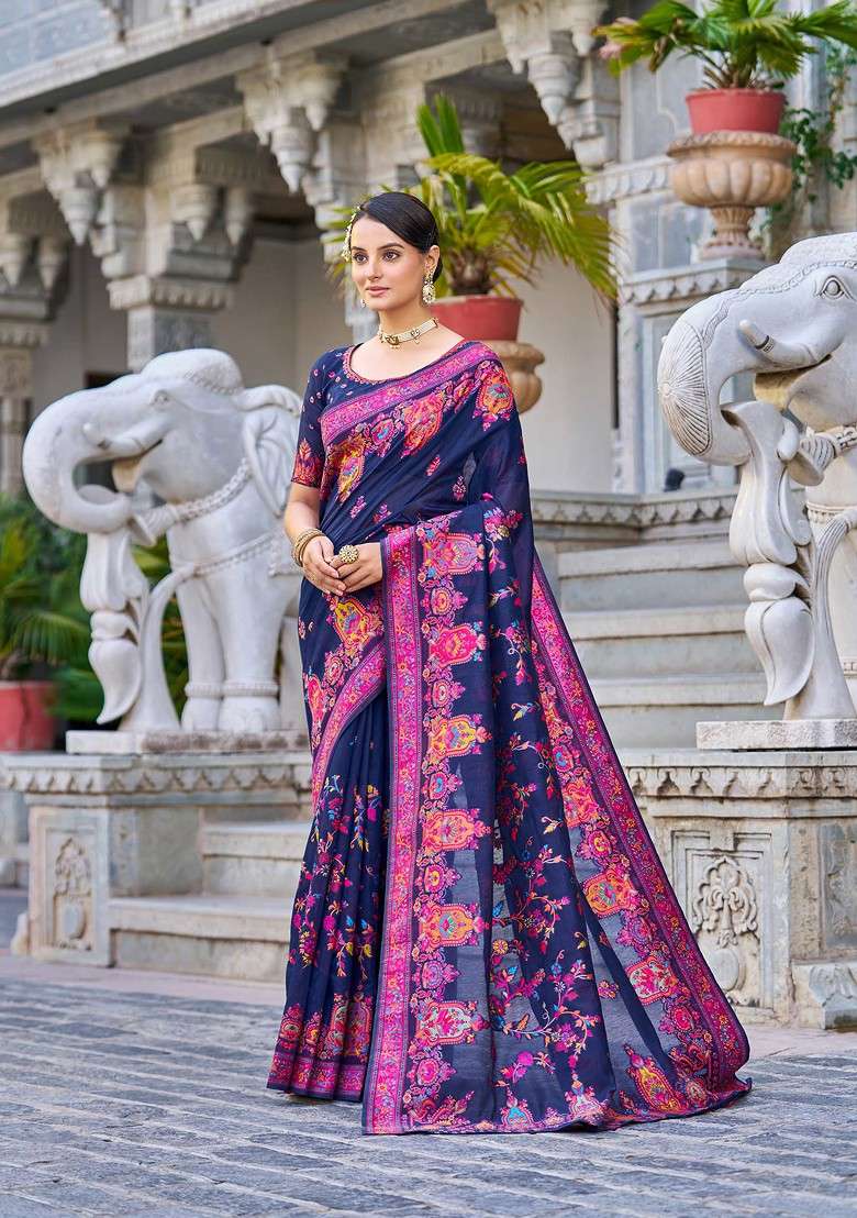 Blue Zari Thread Work Cotton Blend Saree Set - Indya