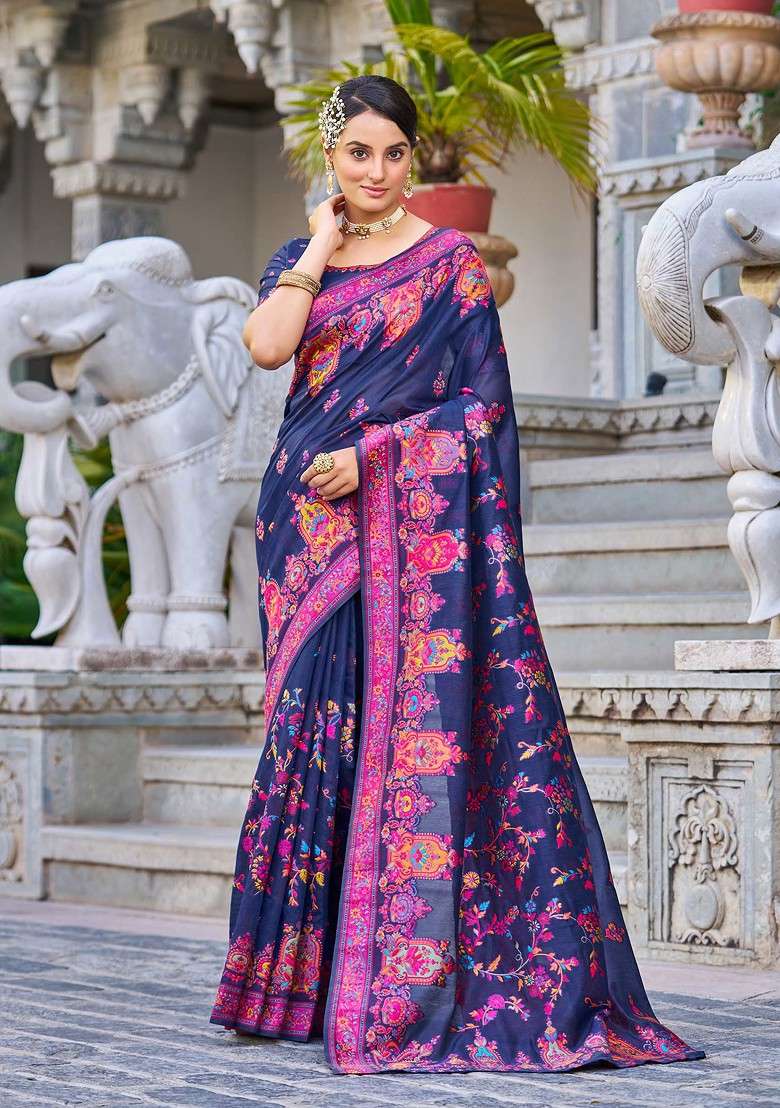 Blue Zari Thread Work Cotton Blend Saree Set - Indya