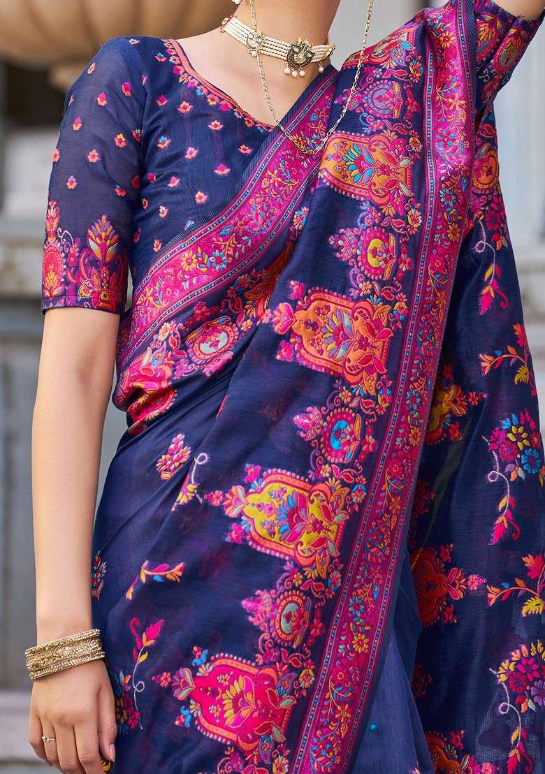Blue Zari Thread Work Cotton Blend Saree Set - Indya