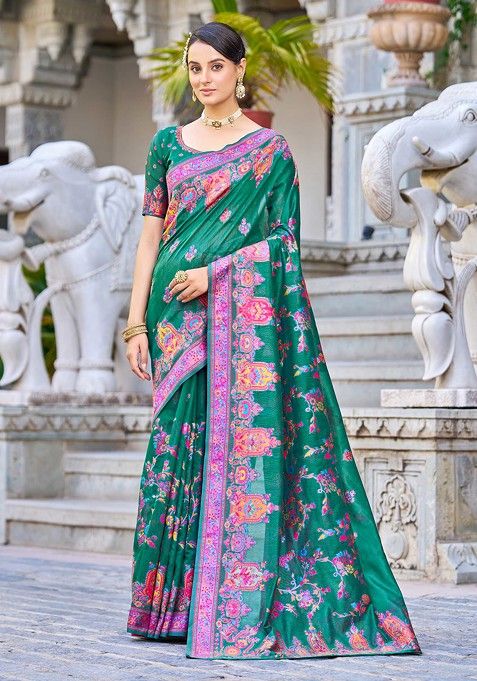 Green Zari Thread Work Cotton Blend Saree Set