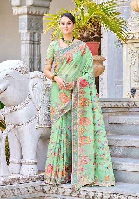 Parrot Green Zari Thread Work Cotton Blend Saree Set