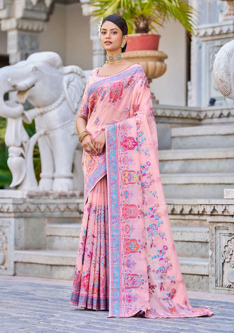 Pink Zari Thread Work Cotton Blend Saree Set - Indya