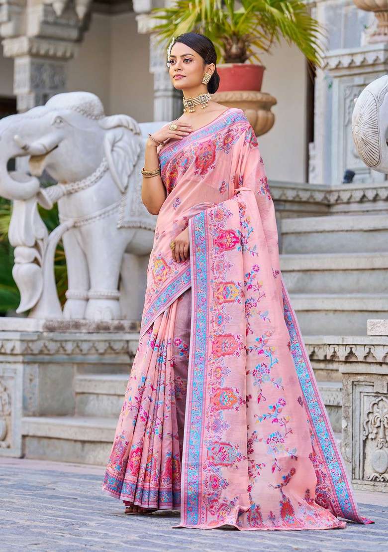 Pink Zari Thread Work Cotton Blend Saree Set - Indya