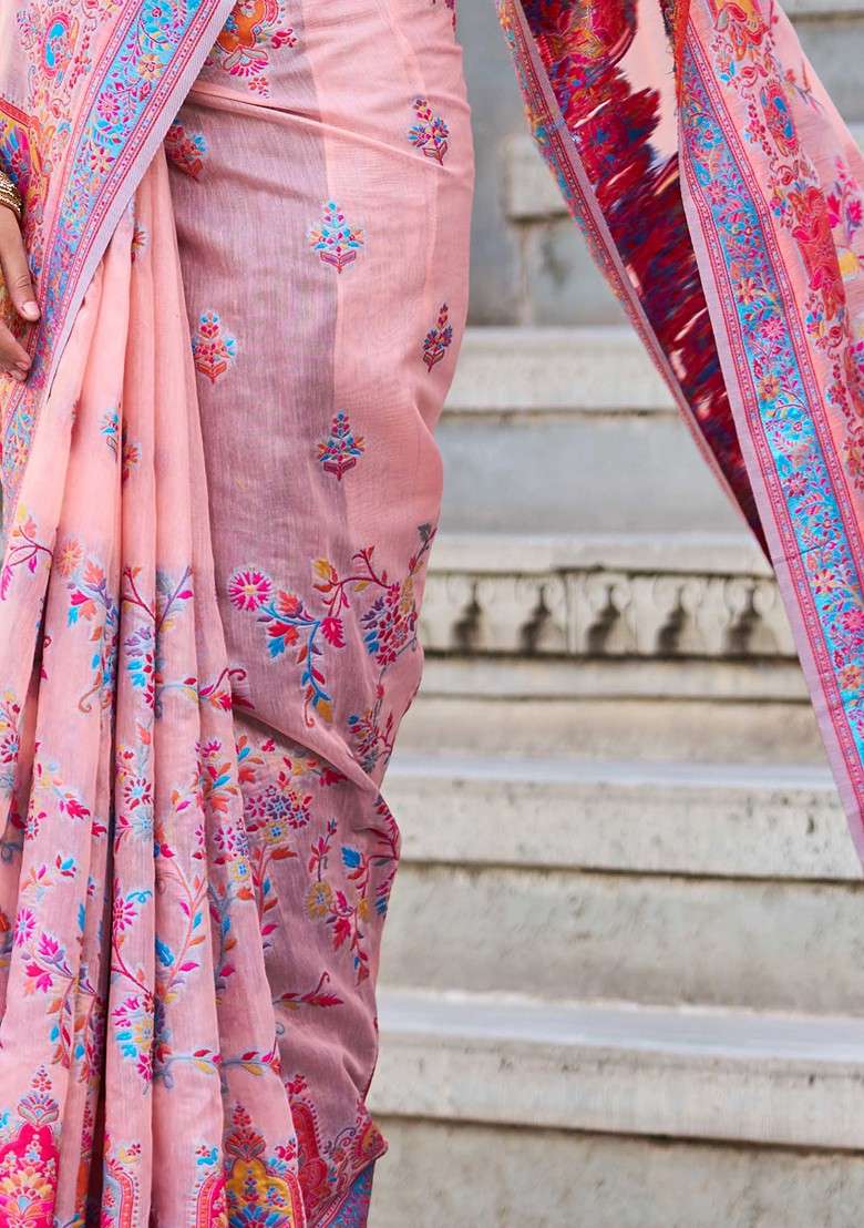 Pink Zari Thread Work Cotton Blend Saree Set - Indya