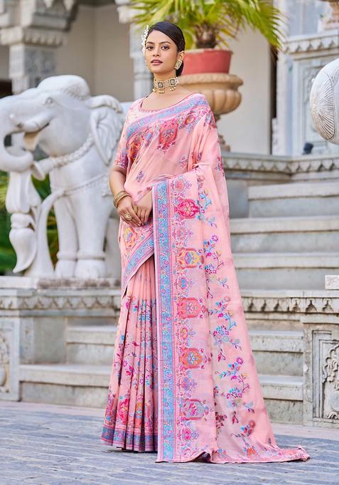 Pink Zari Thread Work Cotton Blend Saree Set