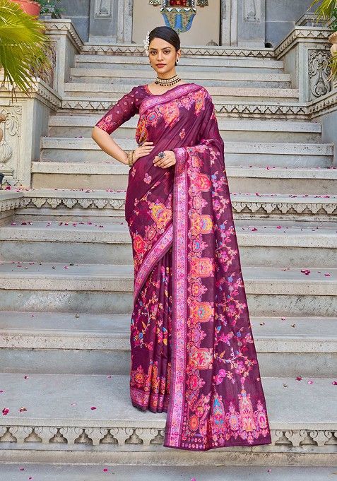 Wine Zari Thread Work Cotton Blend Saree Set