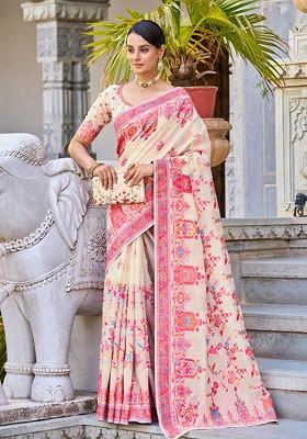 Cream Zari Thread Work Cotton Blend Saree Set