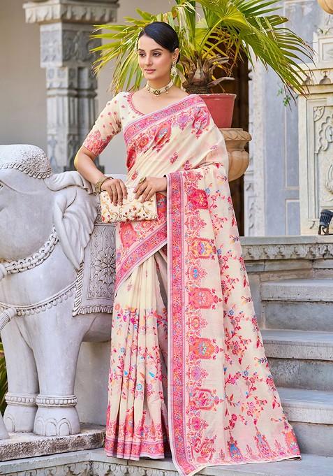 Cream Zari Thread Work Cotton Blend Saree Set