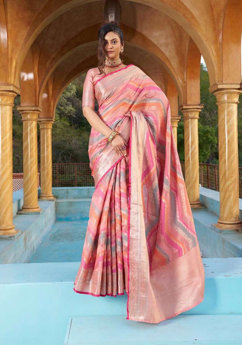 Pink Zari Woven Blend Banarasi Silk Saree Set for Diwali | Wedding & Festive Wear - Indya