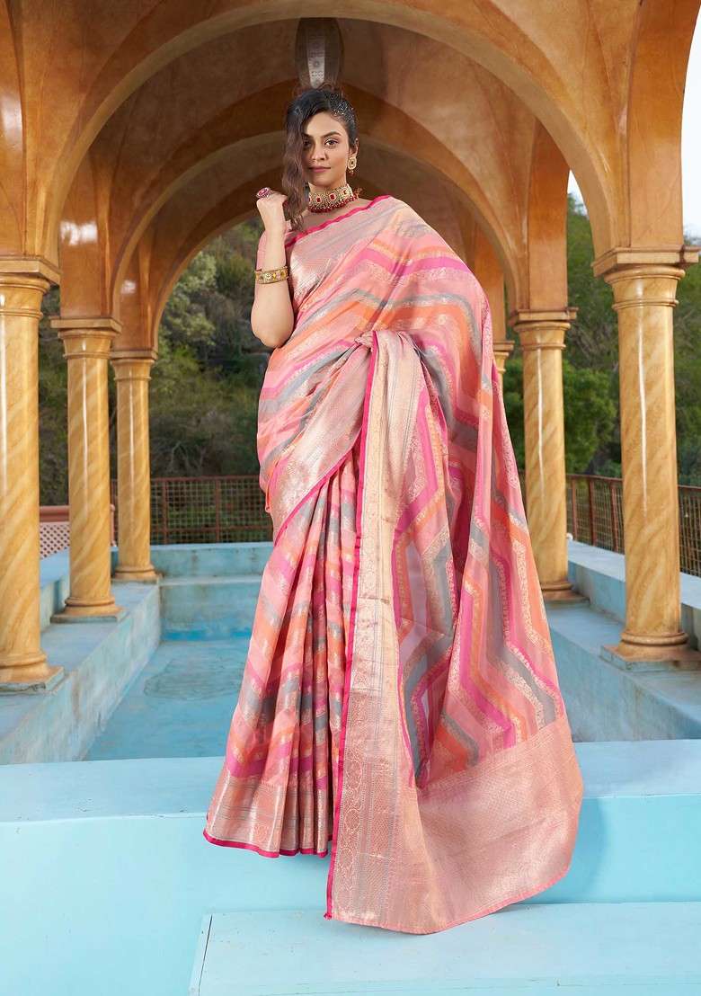 Pink Zari Woven Blend Banarasi Silk Saree Set for Diwali | Wedding & Festive Wear - Indya