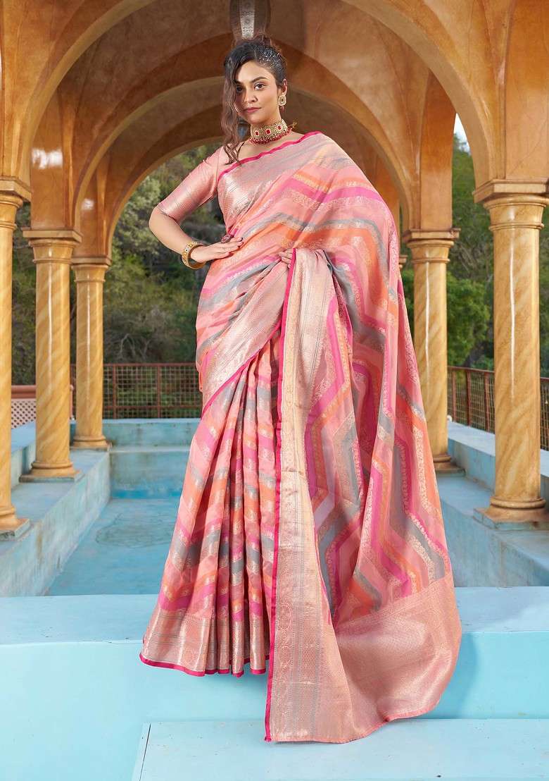 Pink Zari Woven Blend Banarasi Silk Saree Set for Diwali | Wedding & Festive Wear - Indya