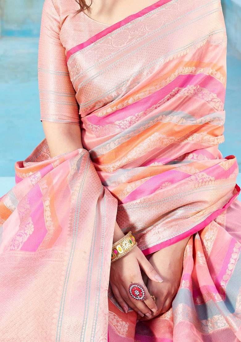 Pink Zari Woven Blend Banarasi Silk Saree Set for Diwali | Wedding & Festive Wear - Indya