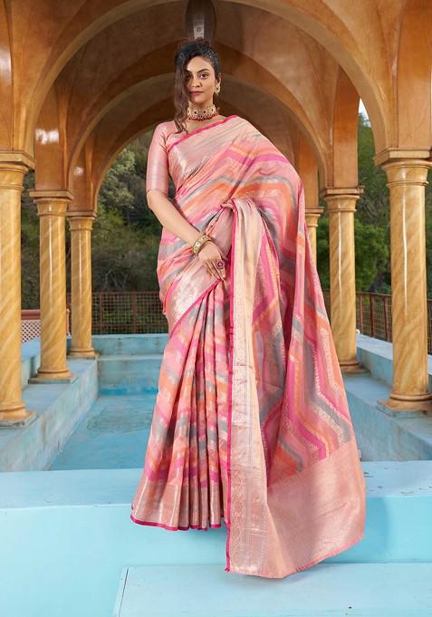 Pink Zari Woven Banarasi Silk Blend Saree Set