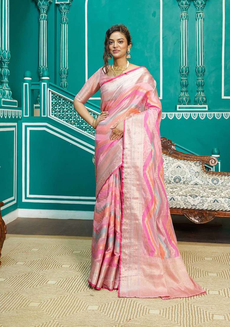 Light Pink Zari Woven Banarasi Silk Blend Saree Set for Diwali and Festive Wear - Indya