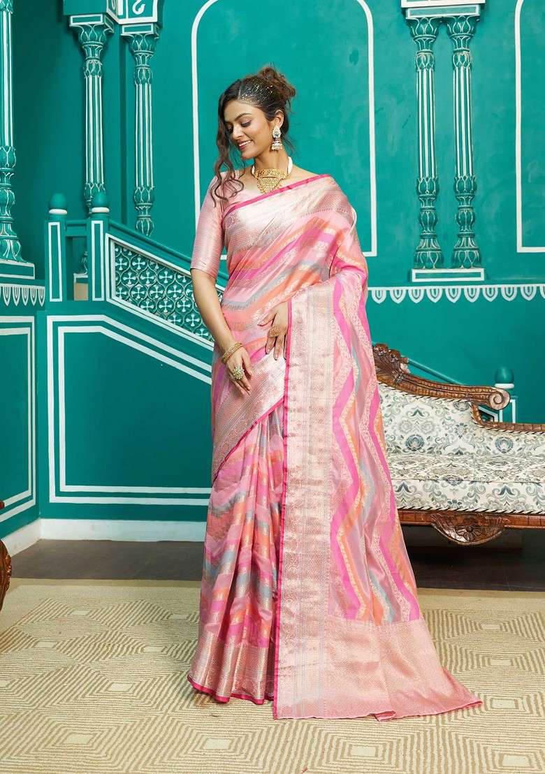Light Pink Zari Woven Banarasi Silk Blend Saree Set for Diwali and Festive Wear - Indya