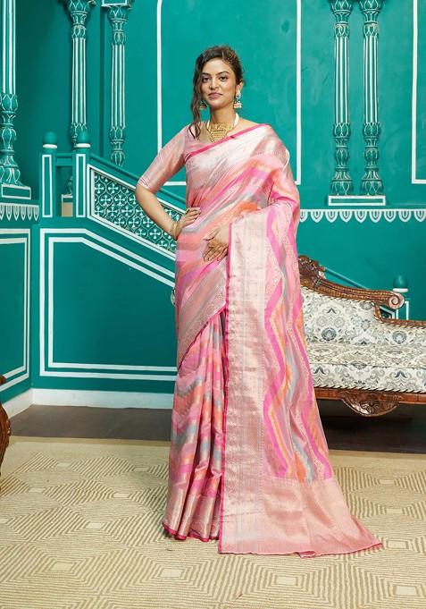 Light Pink Zari Woven Banarasi Silk Blend Saree Set