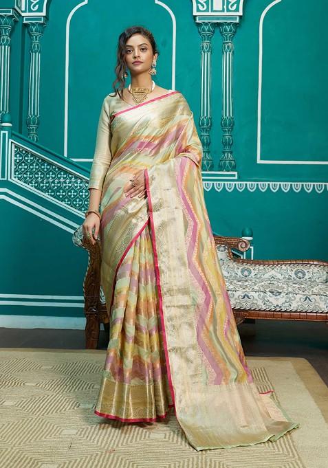 Pista Green Zari Woven Banarasi Silk Blend Saree Set