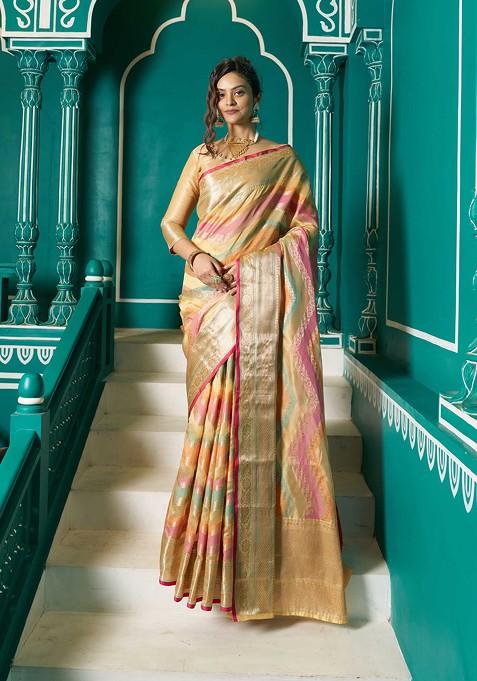 Yellow Zari Woven Banarasi Silk Blend Saree Set