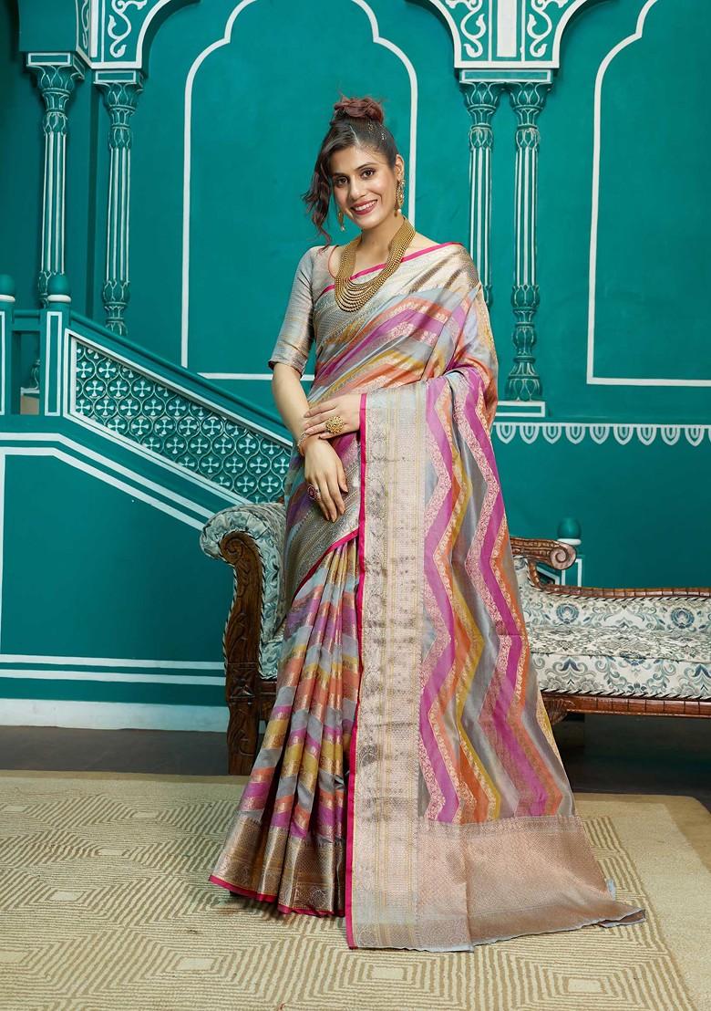 Dark Grey Zari Woven Banarasi Silk Blend Saree Set