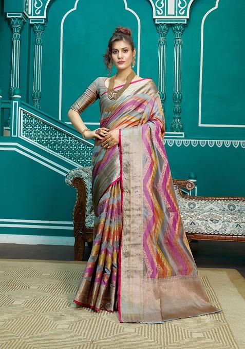 Dark Grey Zari Woven Banarasi Silk Blend Saree Set