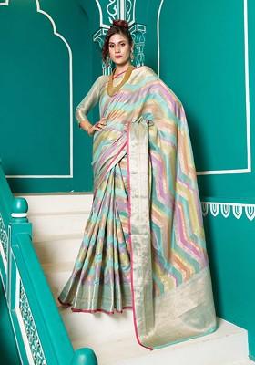 Sky Blue Zari Woven Banarasi Silk Blend Saree Set