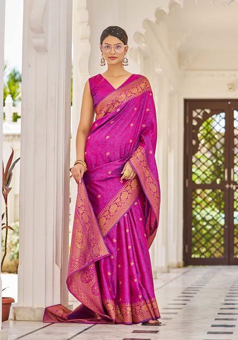 Pink Zari Woven Silk Blend Saree Set