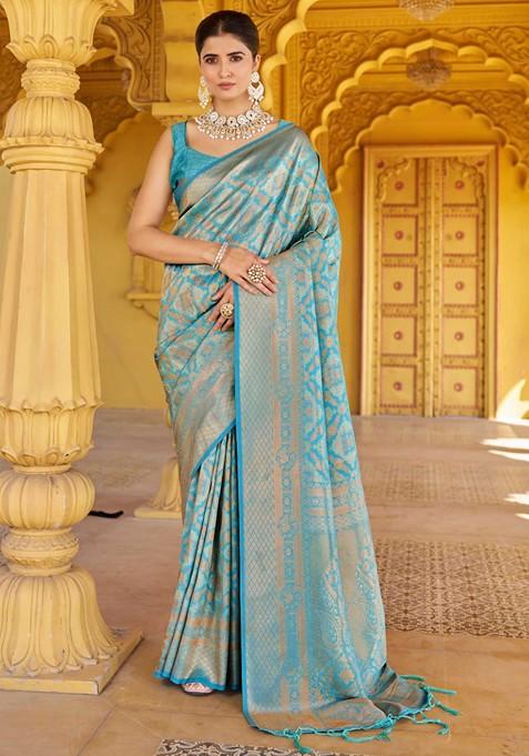 Sky Blue Zari Woven Silk Blend Saree Set