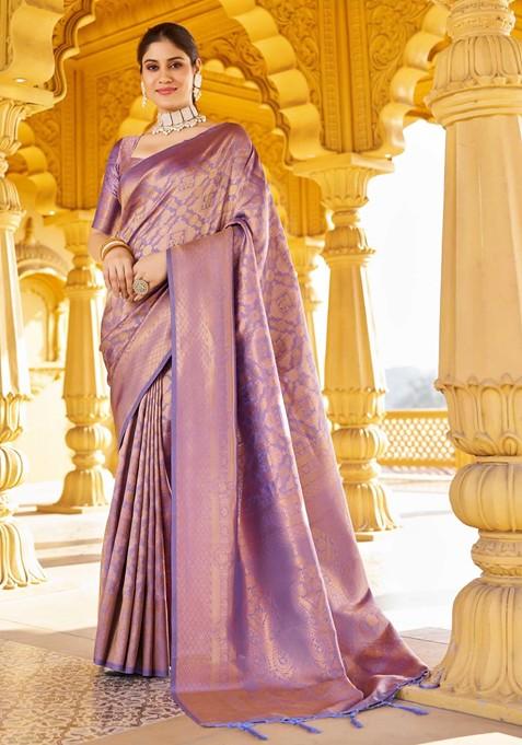 Wine Zari Woven Silk Blend Saree Set