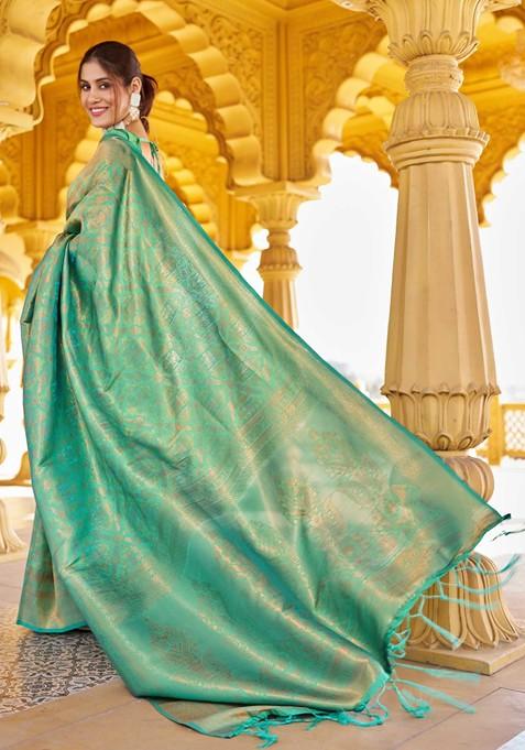 Green Zari Woven Silk Blend Saree Set