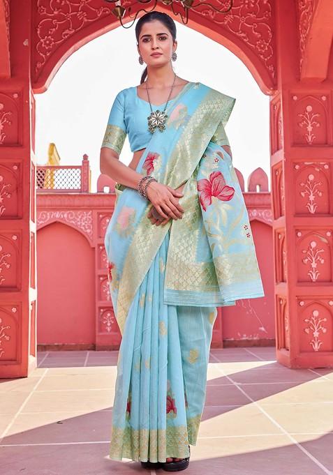 Blue Zari Thread Work Banarasi Cotton Blend Saree Set