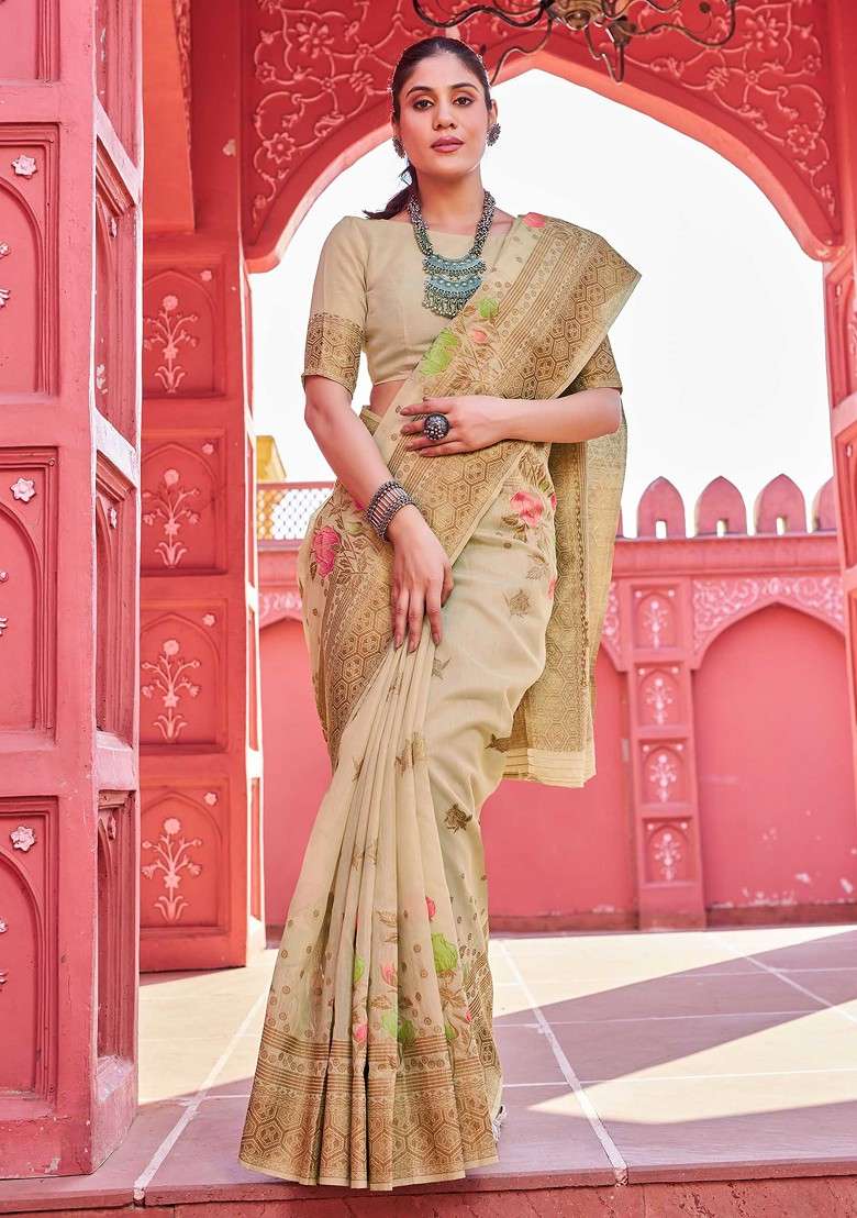 Cream Zari Banarasi Blend Cotton Saree Set with Thread Work for Diwali | Wedding & Festive Wear - Indya