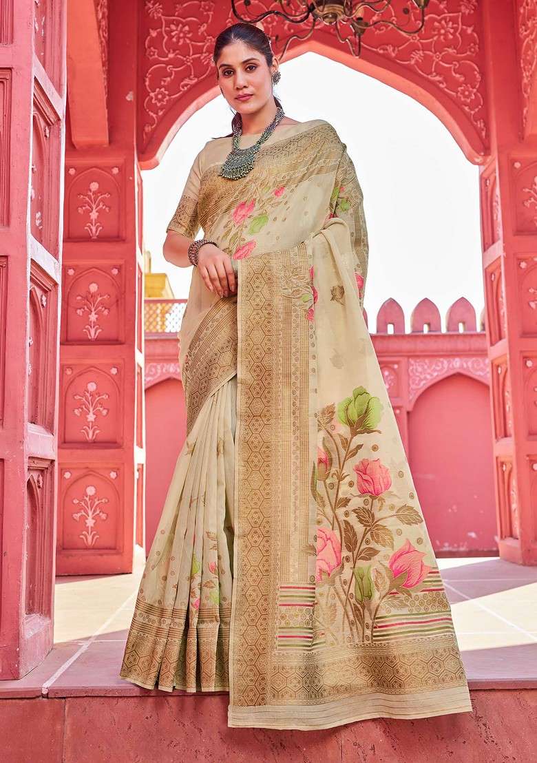 Cream Zari Banarasi Blend Cotton Saree Set with Thread Work for Diwali | Wedding & Festive Wear - Indya