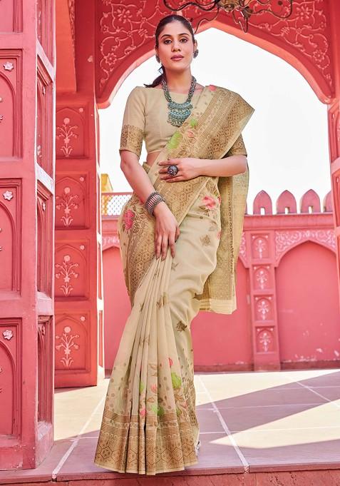 Cream Zari Thread Work Banarasi Cotton Blend Saree Set