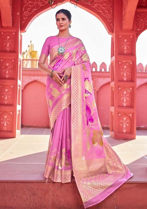 Pink Zari Thread Work Banarasi Cotton Blend Saree Set