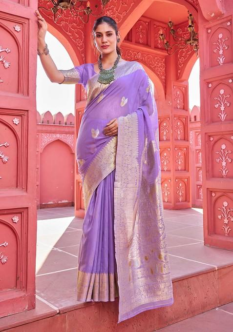 Purple Zari Thread Work Banarasi Cotton Blend Saree Set