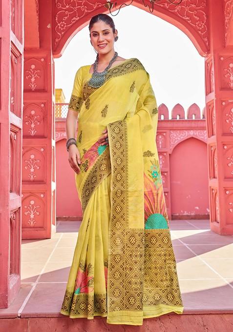 Yellow Zari Thread Work Banarasi Cotton Blend Saree Set