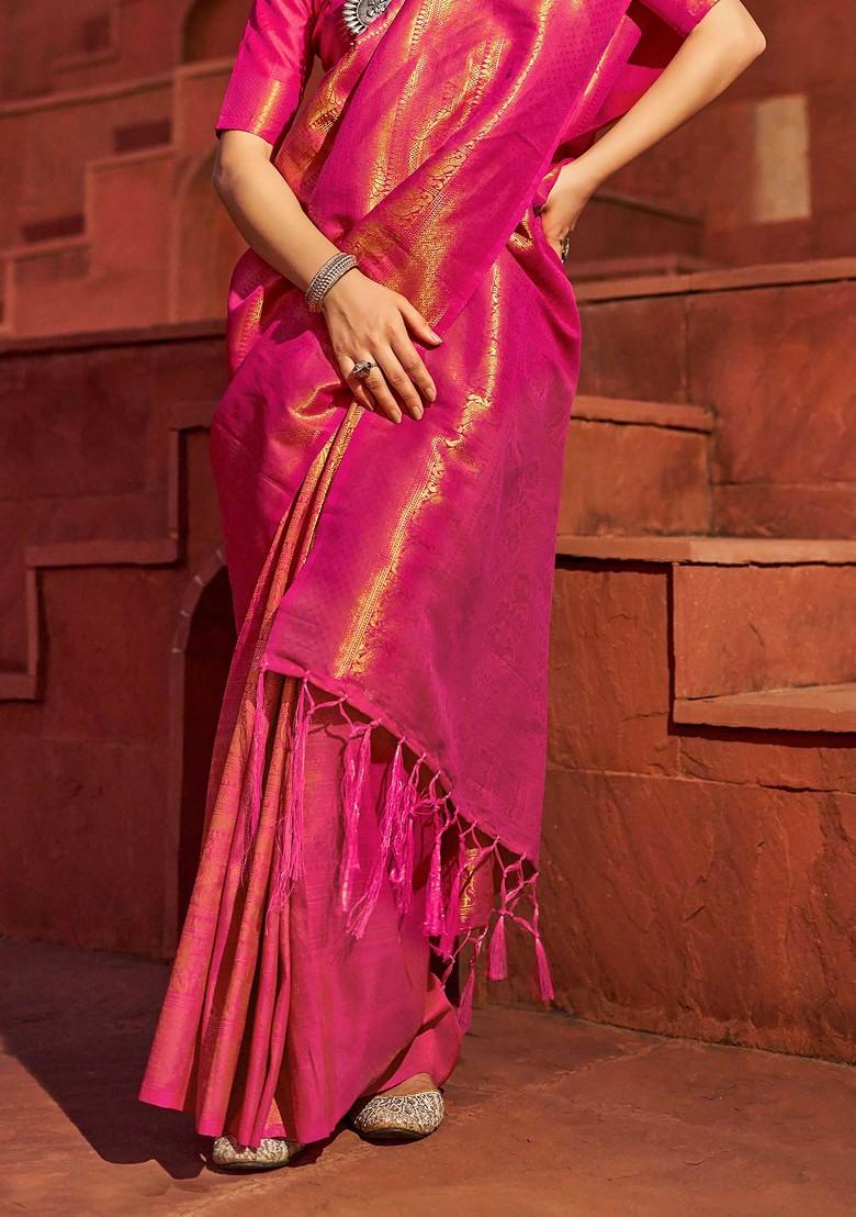 Pink Zari Woven Work Silk Blend Saree Set