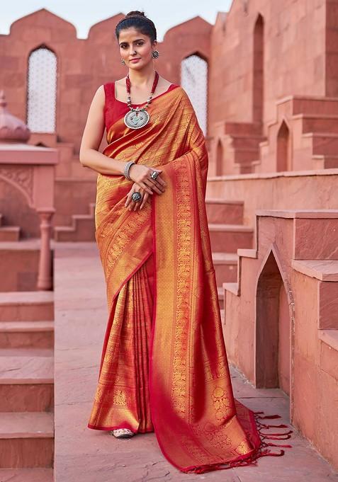 Red Zari Woven Work Silk Blend Saree Set