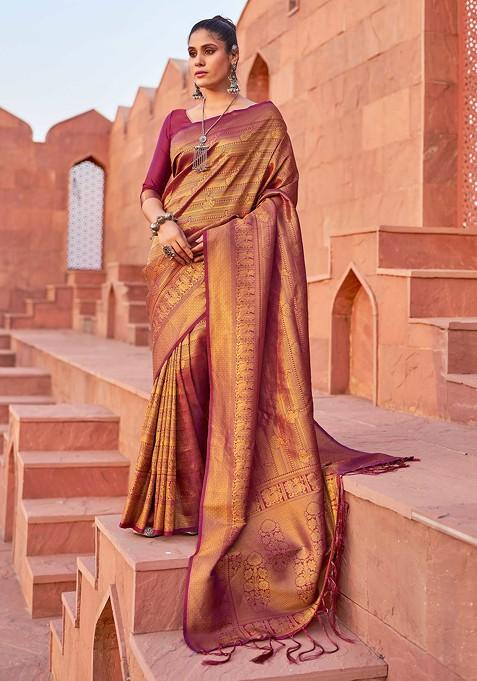 Wine Zari Woven Work Banarasi Silk Blend Saree Set