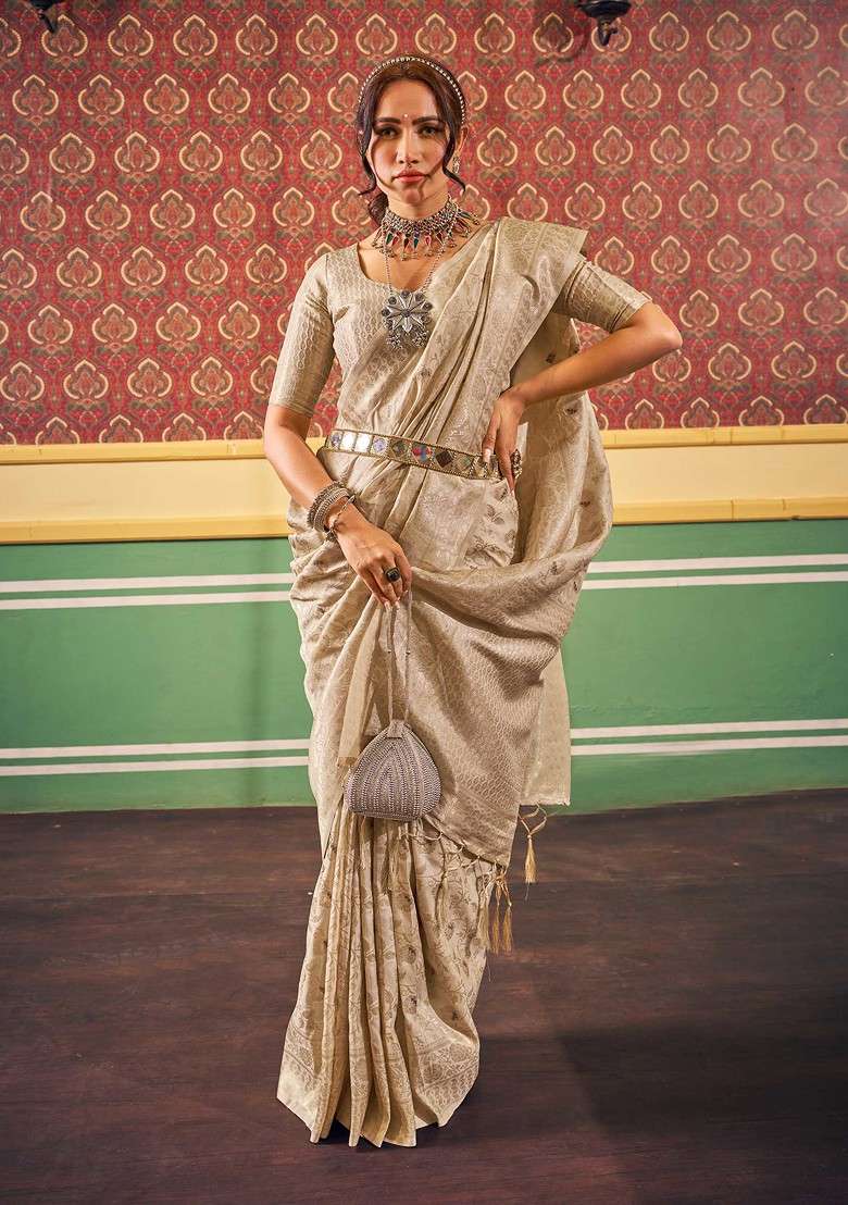 Cream Zari Woven Work Dola Cotton Silk Blend Saree Set for Diwali and Festive Wear - Indya