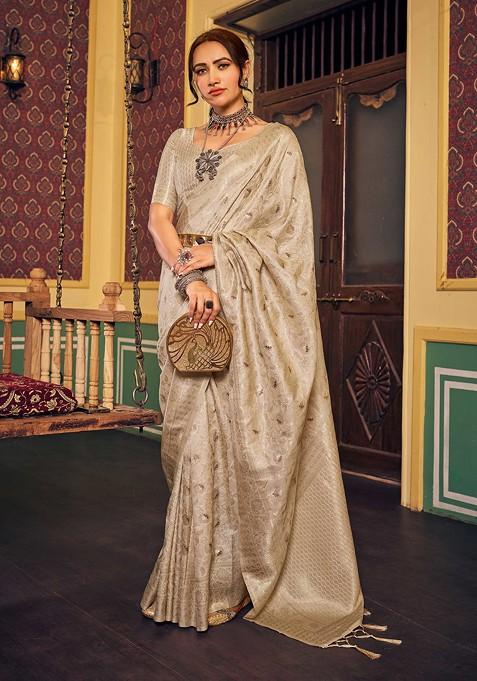 Cream Zari Woven Work Dola Cotton Silk Saree Set