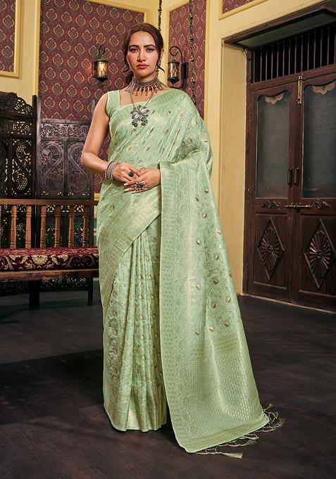 Jeri Green Zari Woven Work Dola Cotton Silk Saree Set