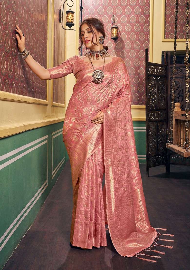 Peach Zari Woven Work Dola Cotton Silk Saree Set for Diwali and Festive Wear - Indya