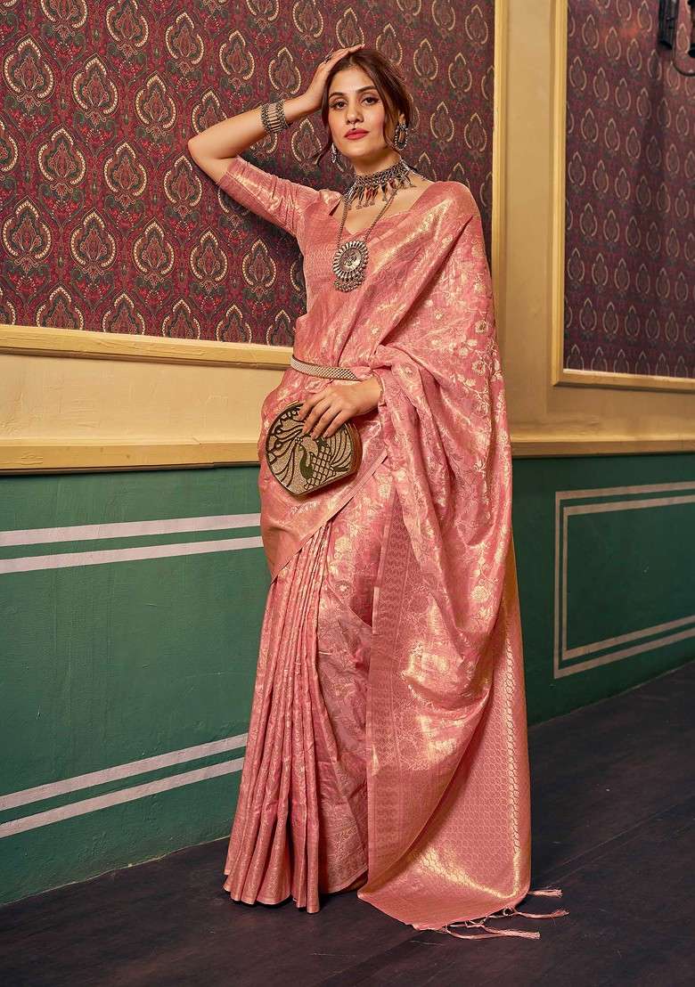 Peach Zari Woven Work Dola Cotton Silk Saree Set for Diwali and Festive Wear - Indya