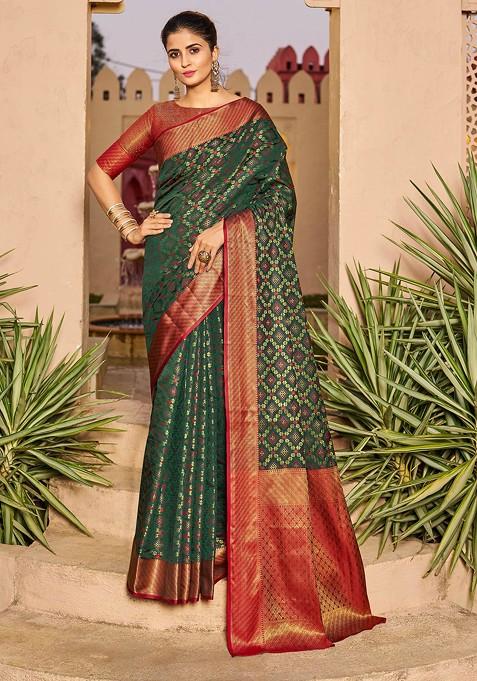 Green Zari Woven Work Patola Silk Blend Saree Set