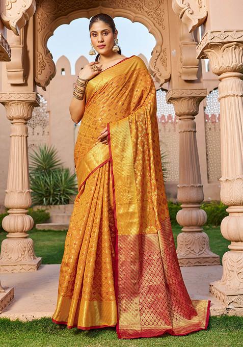 Orange Zari Woven Work Patola Silk Blend Saree Set