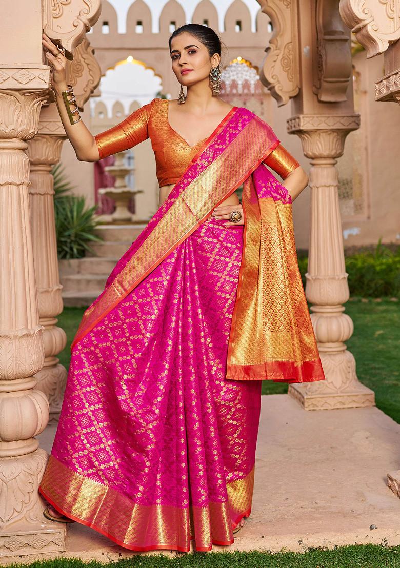 Pink Zari Woven Work Patola Silk Blend Saree Set