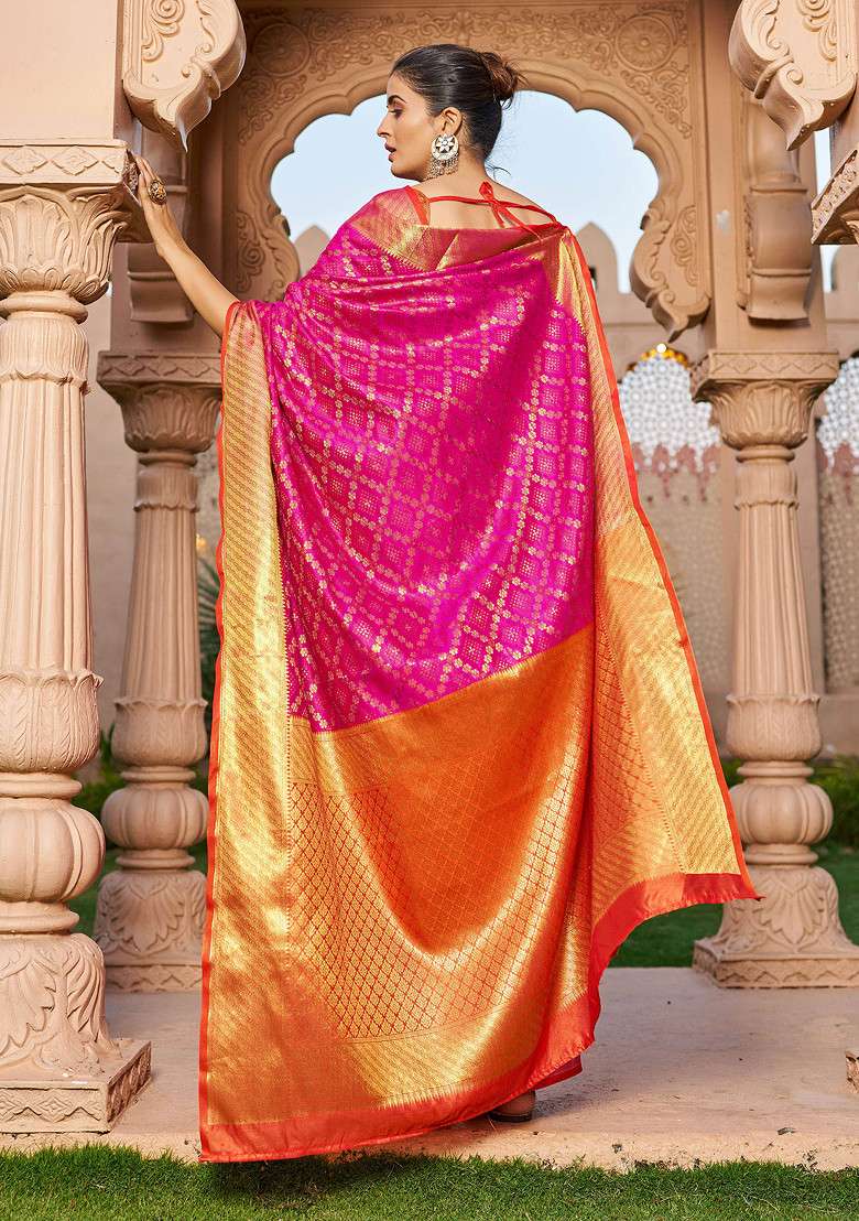 Pink Zari Woven Work Patola Silk Blend Saree Set for Diwali and Festive Wear - Indya